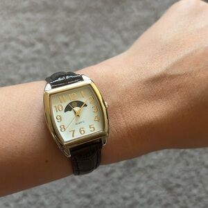 Brown faux croc leather moon phases watch